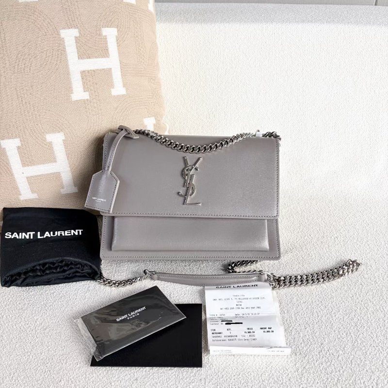 YSL Sunset日落包中號 灰色 銀扣 22*16*7 98新配件購證 塵袋-0