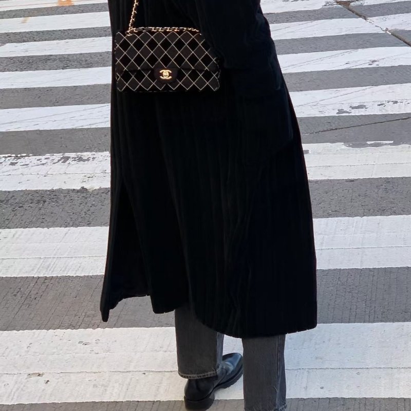 Chanel CF雙蓋中號鏈條包 芯片款 黑色 金扣 軟呢拼絲絨 25*15*8 99新配件塵袋 盒子-0