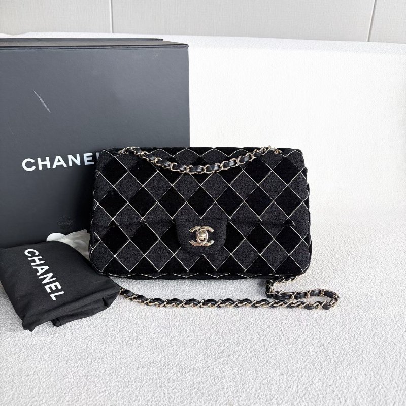 Chanel CF雙蓋中號鏈條包 芯片款 黑色 金扣 軟呢拼絲絨 25*15*8 99新配件塵袋 盒子-2