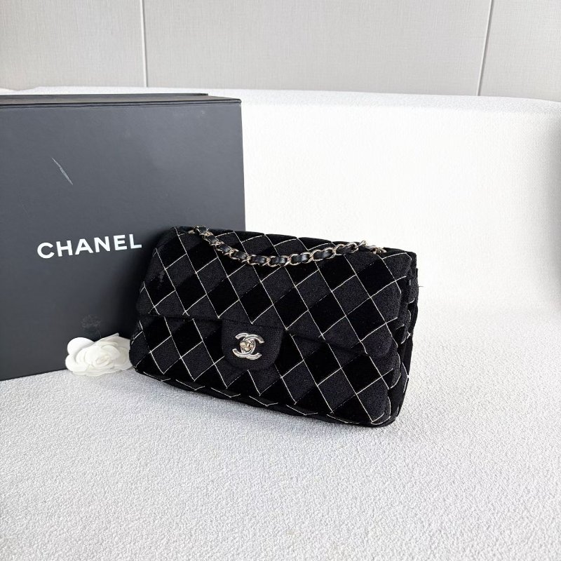 Chanel CF雙蓋中號鏈條包 芯片款 黑色 金扣 軟呢拼絲絨 25*15*8 99新配件塵袋 盒子-3