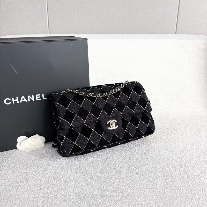 Chanel CF雙蓋中號鏈條包 芯片款 黑色 金扣 軟呢拼絲絨 25*15*8 99新配件塵袋 盒子-4