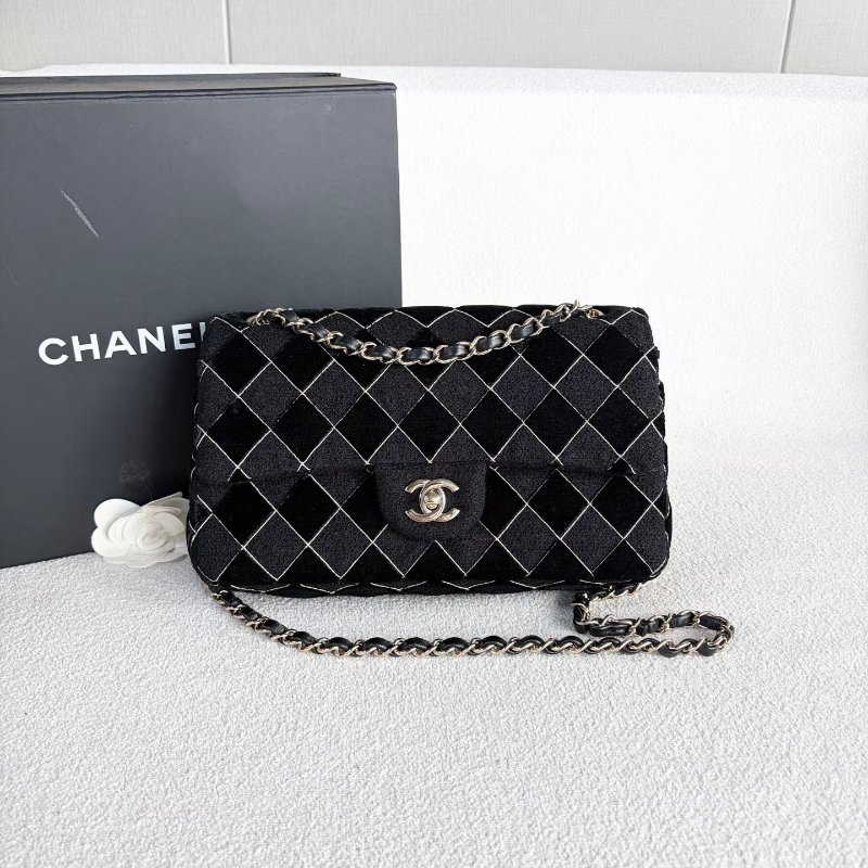 Chanel CF雙蓋中號鏈條包 芯片款 黑色 金扣 軟呢拼絲絨 25*15*8 99新配件塵袋 盒子-5