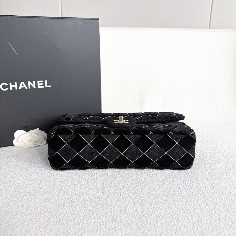 Chanel CF雙蓋中號鏈條包 芯片款 黑色 金扣 軟呢拼絲絨 25*15*8 99新配件塵袋 盒子-6