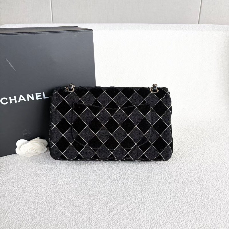 Chanel CF雙蓋中號鏈條包 芯片款 黑色 金扣 軟呢拼絲絨 25*15*8 99新配件塵袋 盒子-7
