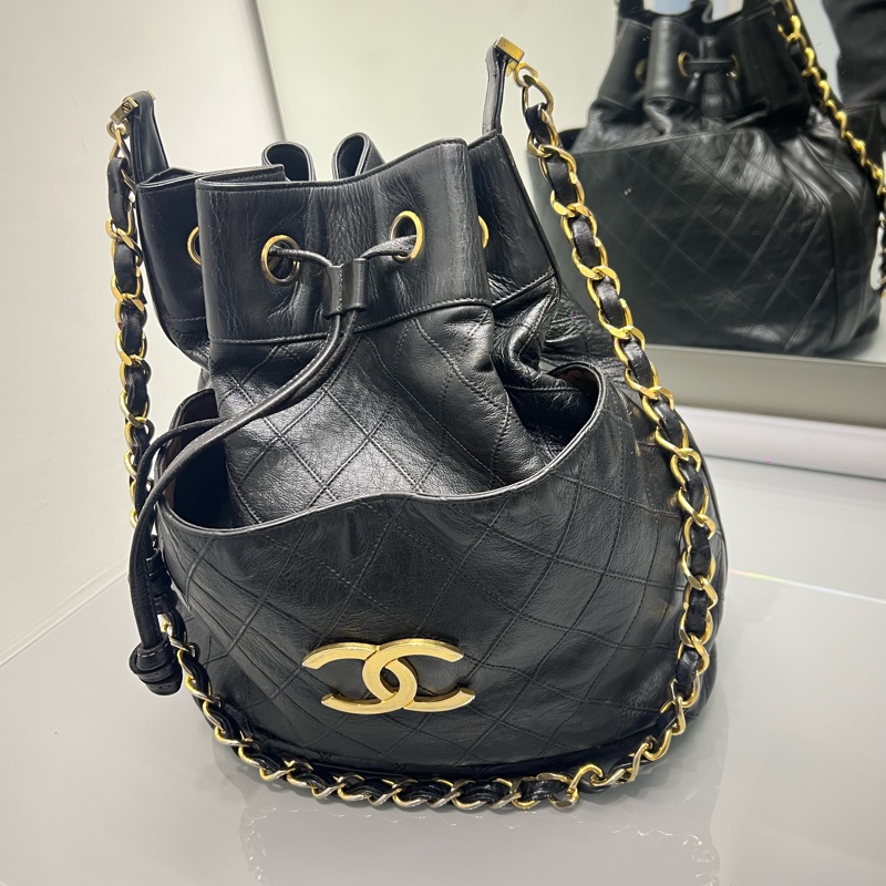 Chanel 香奈兒 vintaga  大c logo 雙層 金鏈 水桶包 #正常使用痕跡 有數字標 稀少收藏-11
