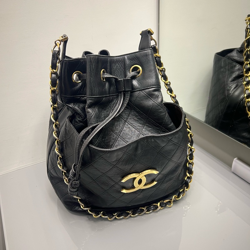 Chanel 香奈兒 vintaga  大c logo 雙層 金鏈 水桶包 #正常使用痕跡 有數字標 稀少收藏-12