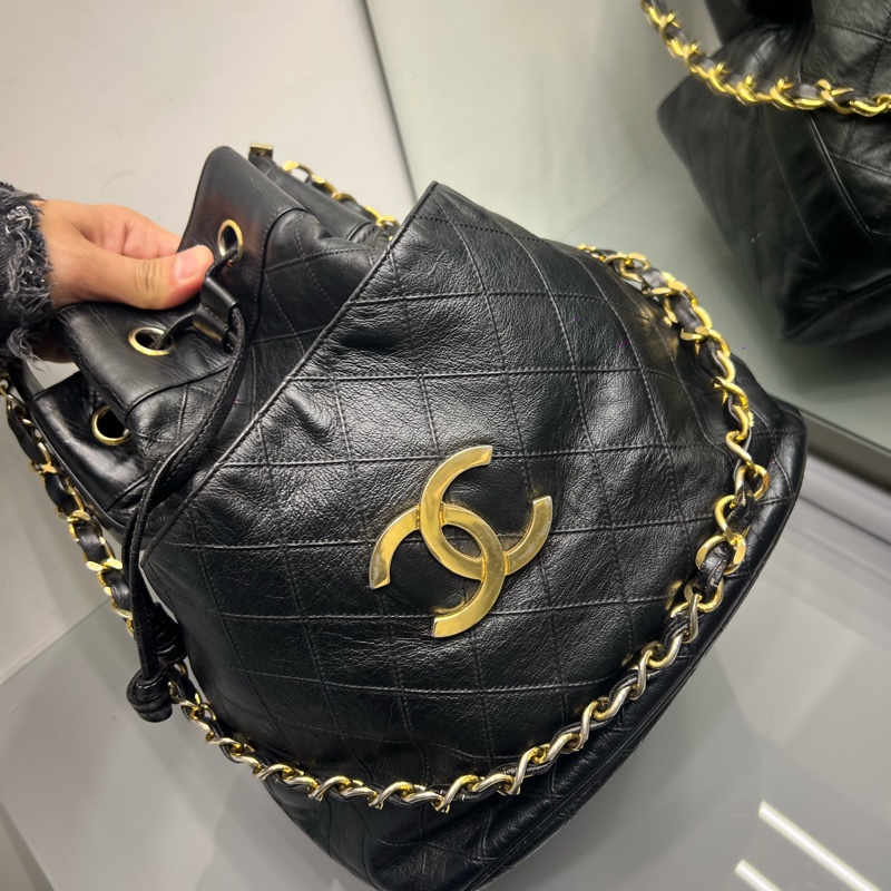 Chanel 香奈兒 vintaga  大c logo 雙層 金鏈 水桶包 #正常使用痕跡 有數字標 稀少收藏-13
