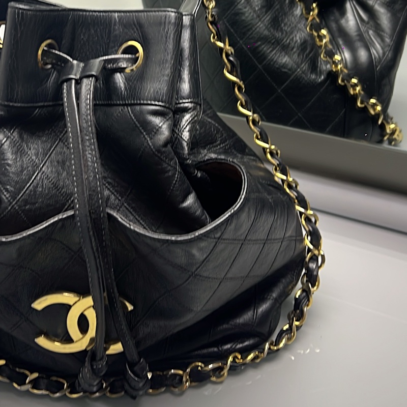Chanel 香奈兒 vintaga  大c logo 雙層 金鏈 水桶包 #正常使用痕跡 有數字標 稀少收藏-17