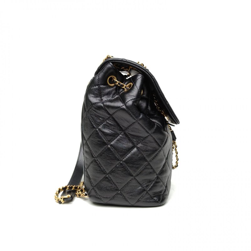 CHANEL 19BAG雙肩包黑色羊皮晶片開金扣雙皮穿鏈肩帶肩背包-3