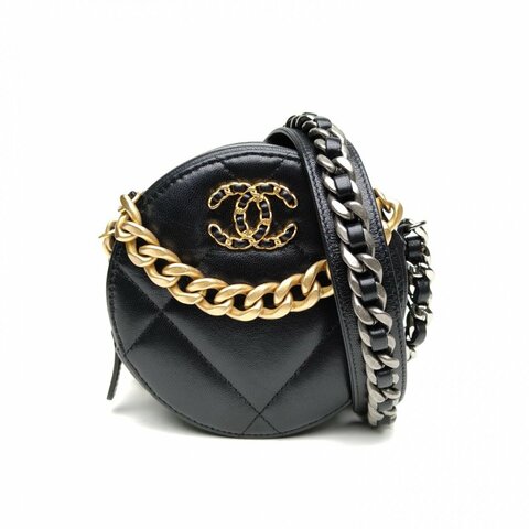 CHANEL 19BAG小圓餅包黑色羊皮29開金銀扣肩背包