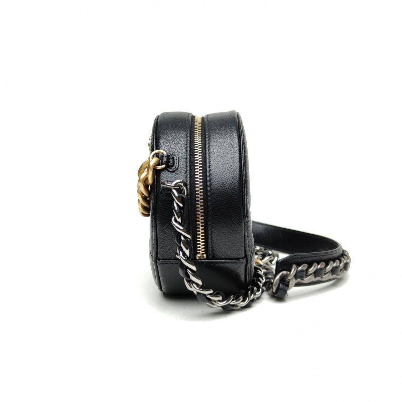 CHANEL 19BAG小圓餅包黑色羊皮29開金銀扣肩背包-1