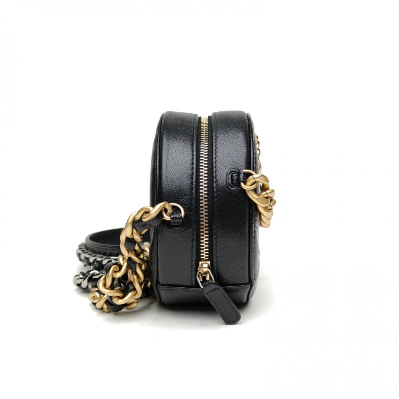 CHANEL 19BAG小圓餅包黑色羊皮29開金銀扣肩背包-3