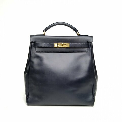 HERMES KellyAdoGm雙肩包78深海藍Box皮框D金扣肩背包