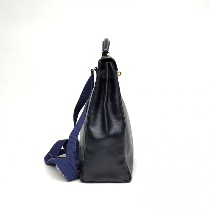 HERMES KellyAdoGm雙肩包78深海藍Box皮框D金扣肩背包-3