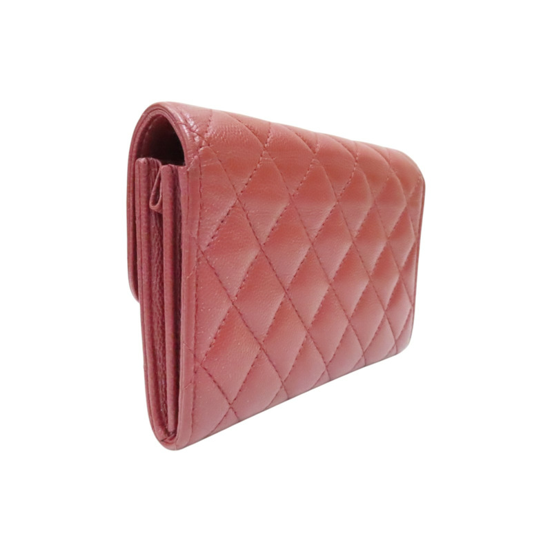 磚紅色 菱格紋 荔枝牛皮 Matelasse 扣式中夾 金釦【CHANEL 香奈兒】-1