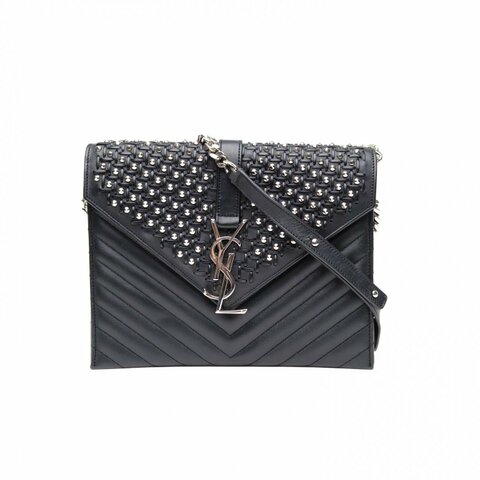 SAINT LAURENT Envelope絎縫紋理信封包中號黑色牛皮銀扣肩背包