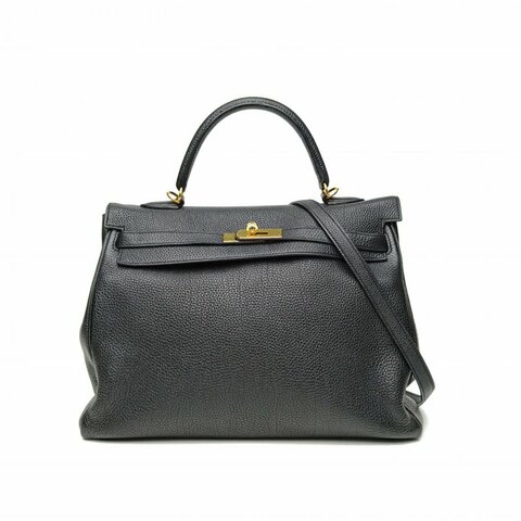 HERMES Kelly35黑色Togo皮框Q金扣肩背包