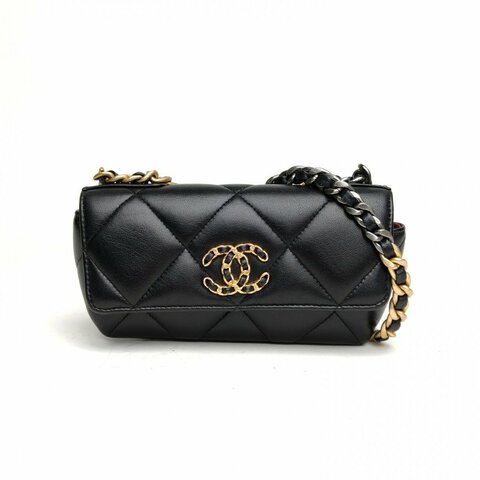CHANEL 19BAG橫版眼鏡包黑色羊皮31開金扣金銀扣肩背包