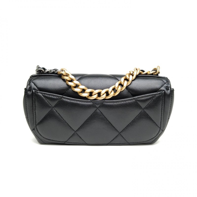 CHANEL 19BAG橫版眼鏡包黑色羊皮31開金扣金銀扣肩背包-2