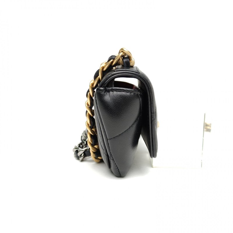 CHANEL 19BAG橫版眼鏡包黑色羊皮31開金扣金銀扣肩背包-3
