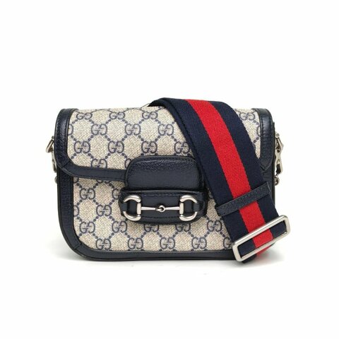 GUCCI Horsebit馬銜扣1955馬鞍包Mini墨藍色帆布銀扣肩背包