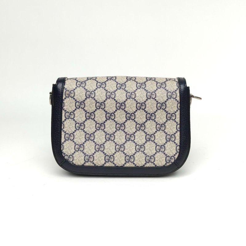 GUCCI Horsebit馬銜扣1955馬鞍包Mini墨藍色帆布銀扣肩背包-2