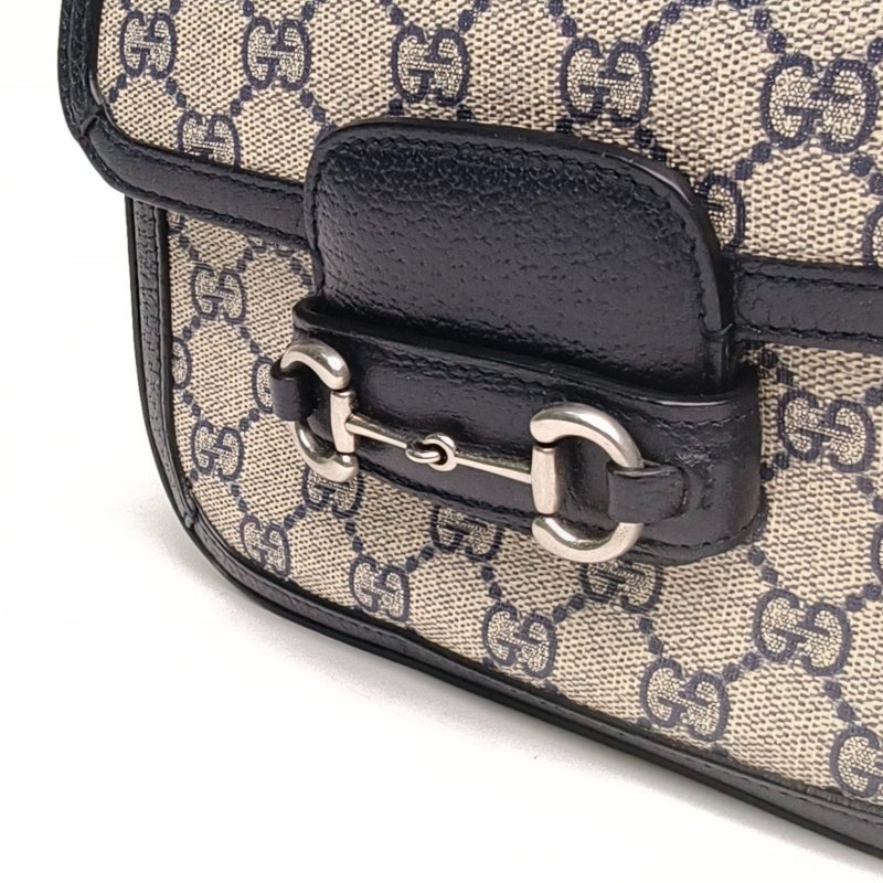 GUCCI Horsebit馬銜扣1955馬鞍包Mini墨藍色帆布銀扣肩背包-4