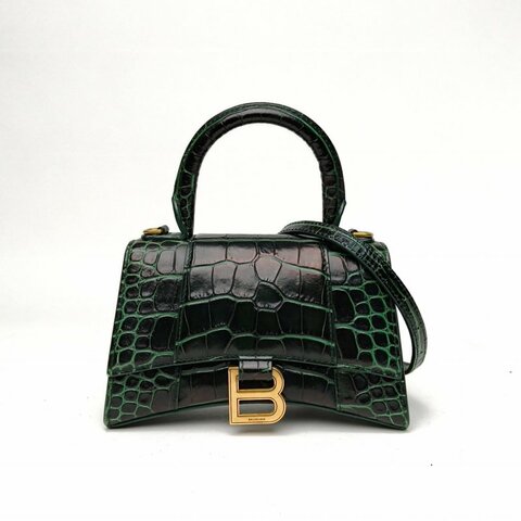 BALENCIAGA Hourglass沙漏XS碼鱷魚壓紋墨綠色牛皮肩背包