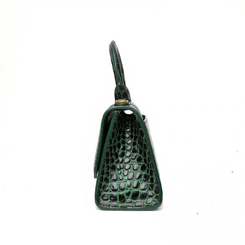 BALENCIAGA Hourglass沙漏XS碼鱷魚壓紋墨綠色牛皮肩背包-1