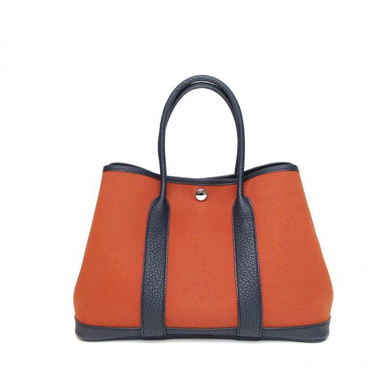 HERMES 花園包30古銅色拼午夜藍NEGONA皮/帆布Z刻銀扣肩背包-2