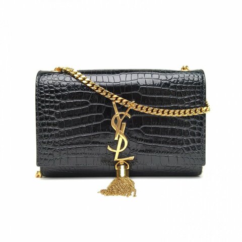 SAINT LAURENT KATE小號20鱷魚壓紋流蘇黑色牛皮金扣肩背包