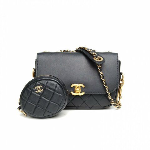 CHANEL 黑色牛皮28開金扣19K二合一雙子星鏈條包肩背包