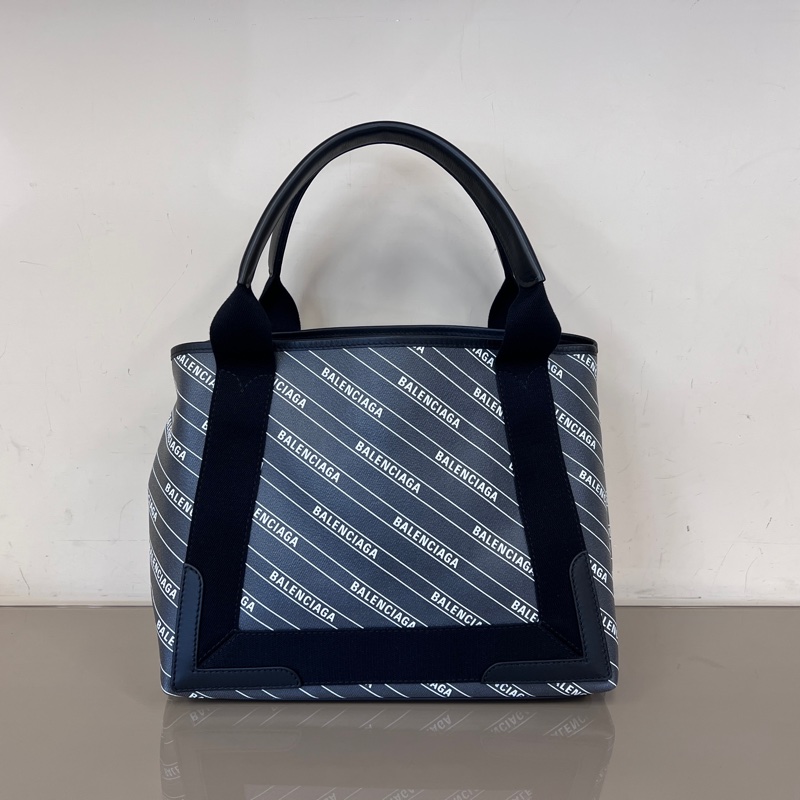Balenciaga灰PVC拼黑牛皮銀釦滿版logo Navy手提包-2