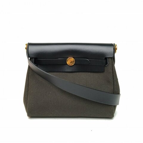 HERMES HerbagZip20帆布拼牛皮黑色拼黑銅色W刻金扣肩背包