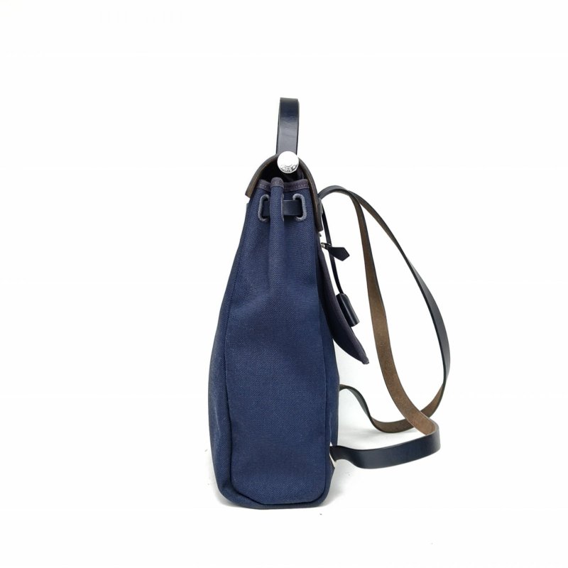 HERMES HERBAGadoszip雙肩包午夜藍帆布/牛皮Z刻銀扣肩背包-1