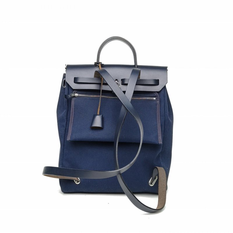 HERMES HERBAGadoszip雙肩包午夜藍帆布/牛皮Z刻銀扣肩背包-2