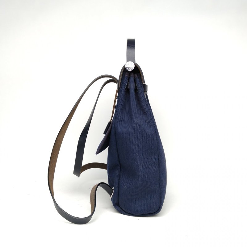HERMES HERBAGadoszip雙肩包午夜藍帆布/牛皮Z刻銀扣肩背包-3