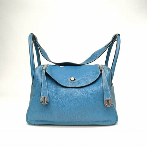 HERMES Lindy30牛仔藍TC皮框Q銀扣肩背包