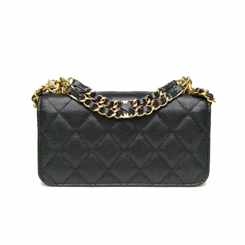 CHANEL 22K手柄手機包WOC黑色荔枝牛皮鐳射標金扣雙C吊飾肩背包-2