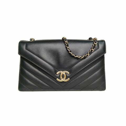 CHANEL 黑色牛皮27開金扣CF季節款口蓋包信封包中號肩背包