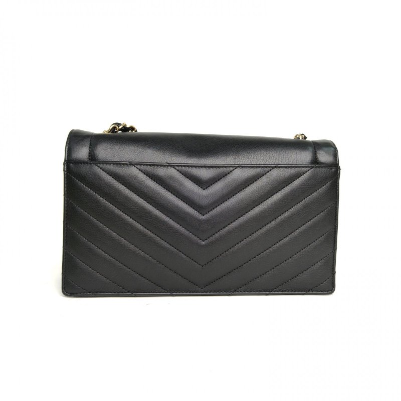 CHANEL 黑色牛皮27開金扣CF季節款口蓋包信封包中號肩背包-2