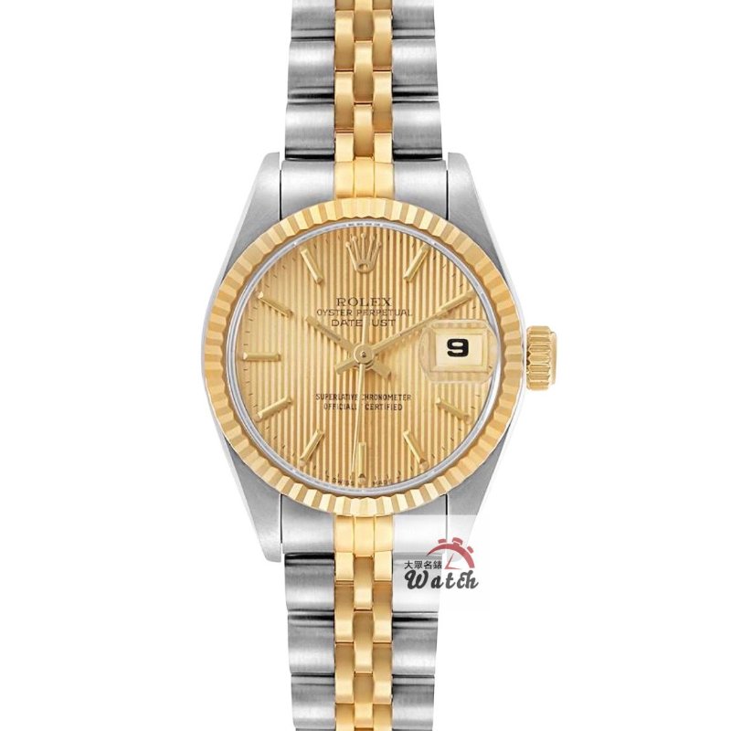 【大眾名錶】ROLEX勞力士 69173 Datejust 蠔式女錶 半金款 金直條紋面盤 原廠底蓋貼 大眾名錶G228-0