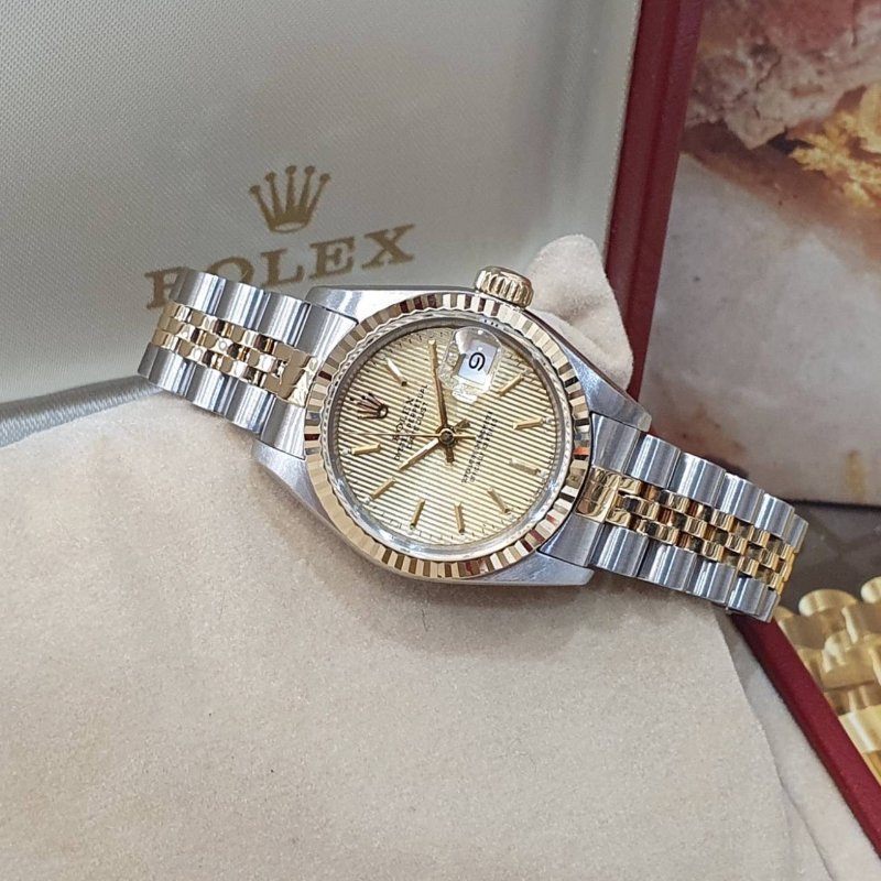 【大眾名錶】ROLEX勞力士 69173 Datejust 蠔式女錶 半金款 金直條紋面盤 原廠底蓋貼 大眾名錶G228-2