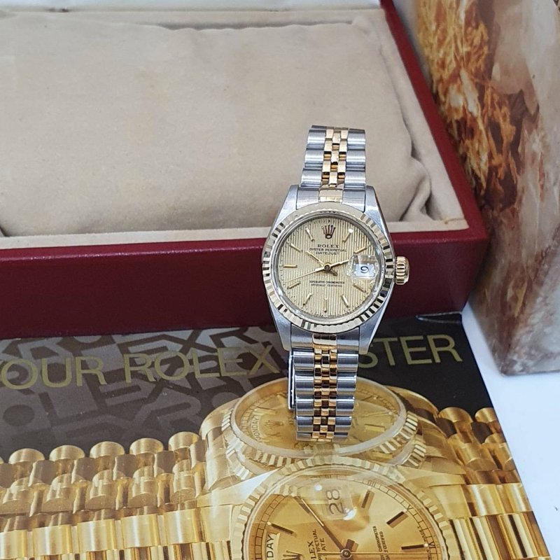 【大眾名錶】ROLEX勞力士 69173 Datejust 蠔式女錶 半金款 金直條紋面盤 原廠底蓋貼 大眾名錶G228-3