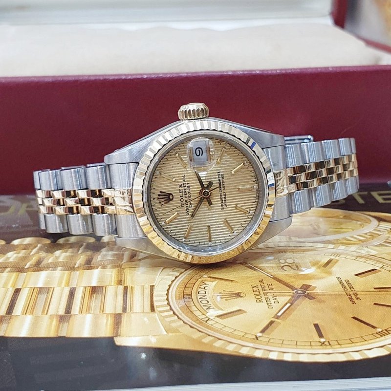 【大眾名錶】ROLEX勞力士 69173 Datejust 蠔式女錶 半金款 金直條紋面盤 原廠底蓋貼 大眾名錶G228-4