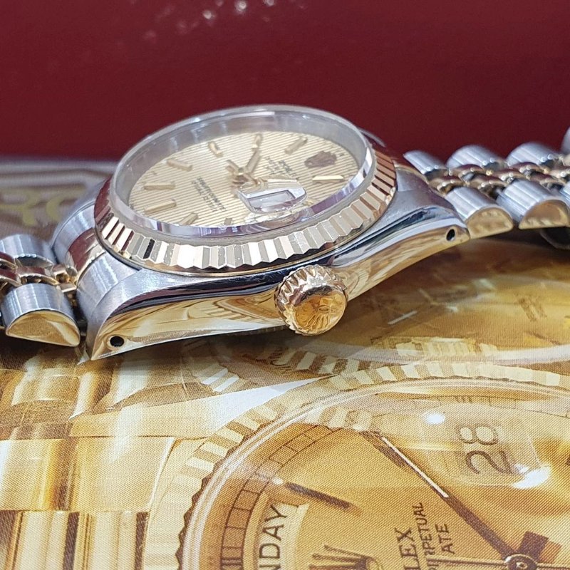 【大眾名錶】ROLEX勞力士 69173 Datejust 蠔式女錶 半金款 金直條紋面盤 原廠底蓋貼 大眾名錶G228-6