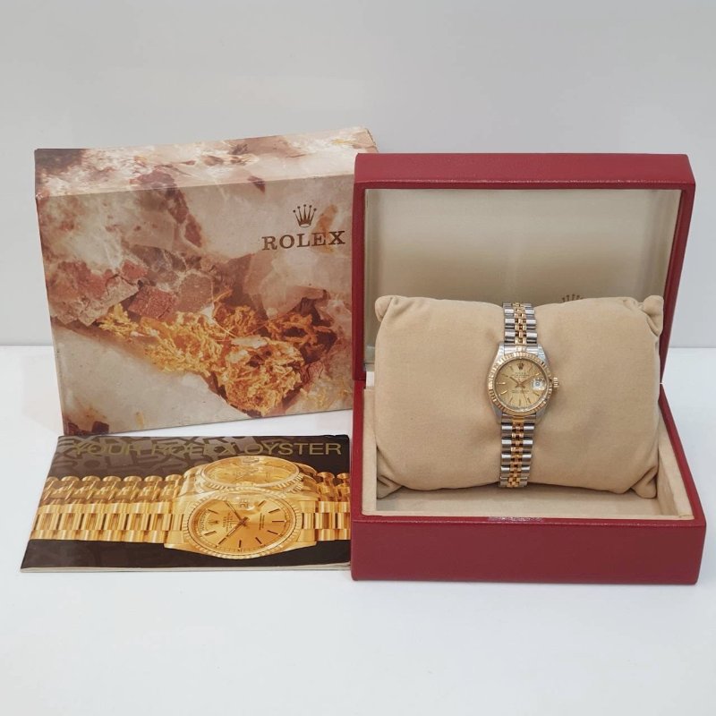 【大眾名錶】ROLEX勞力士 69173 Datejust 蠔式女錶 半金款 金直條紋面盤 原廠底蓋貼 大眾名錶G228-9