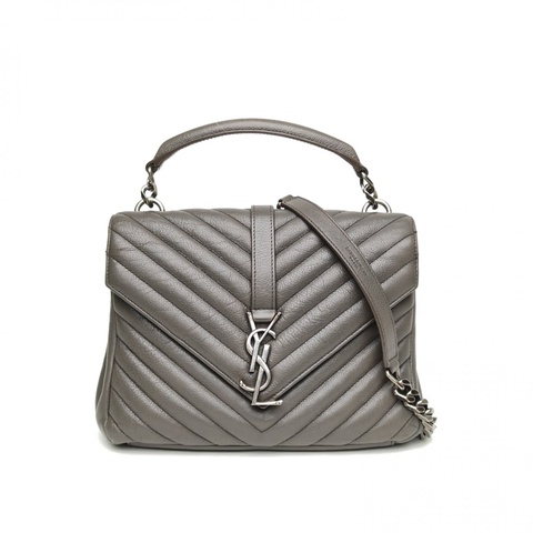 SAINT LAURENT College郵差包中號24灰色牛皮銀扣