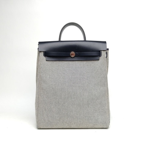 HERMES HERBAGadoszip雙肩包寶石藍帆布/牛皮Z刻銀扣