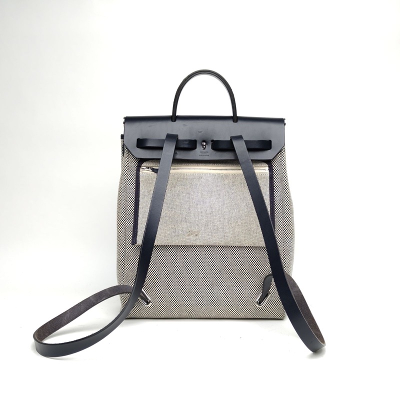 HERMES HERBAGadoszip雙肩包寶石藍帆布/牛皮Z刻銀扣-2